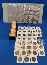 Coin folder and box and contents of assorted coins including 15 assorted crowns, three pence pieces,