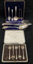 Silver hallmarked items - TW JH silver table spoon, silver toasting fork, silver handled knife,