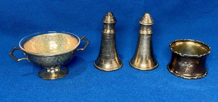 Four silver [hallmarked] items including double handled condiment dish with glass insert dated 1906