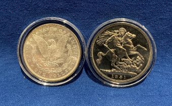 Two silver-proof coins including 1887 USA one-dollar coin and 1951 George VI five-shilling crown
