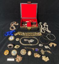 Contents to jewellery box - assorted costume jewellery including rolled gold, cameo brooch,