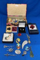 Jewellery box and contents including eight assorted silver hallmarked brooches one with enamel and