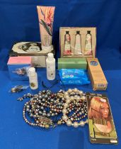 Contents to box - assorted beauty products including Laura Ashley and L'occitane and costume