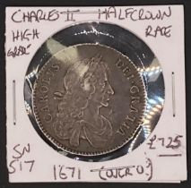 1671 (possibly (I/O) Charles II half crown, very high grade, rare in this condition,