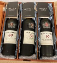 A cased set of Taylor's Aged Old Tawny Port, three bottles, each 75cl, one aged 40 years in wood,