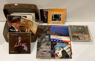 Brown vinyl suitcase and fifty assorted 12" vinyl records - easy listening including Frank Sinatra