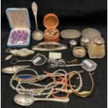 Contents to bag - assorted silver hallmarked bottle tops and spoon, three Lorgnettes,