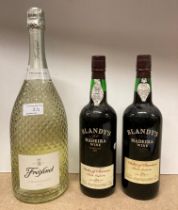 Two 75cl bottles of Blandy's Duke of Clarence Rich Madeira Wine and a 150cl bottle of Freixenet