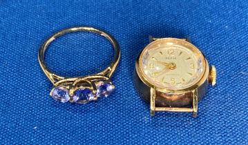 9ct gold (375) ring with three light purple stones (size M) and a 9ct gold 'HEFIK' Incabloc watch