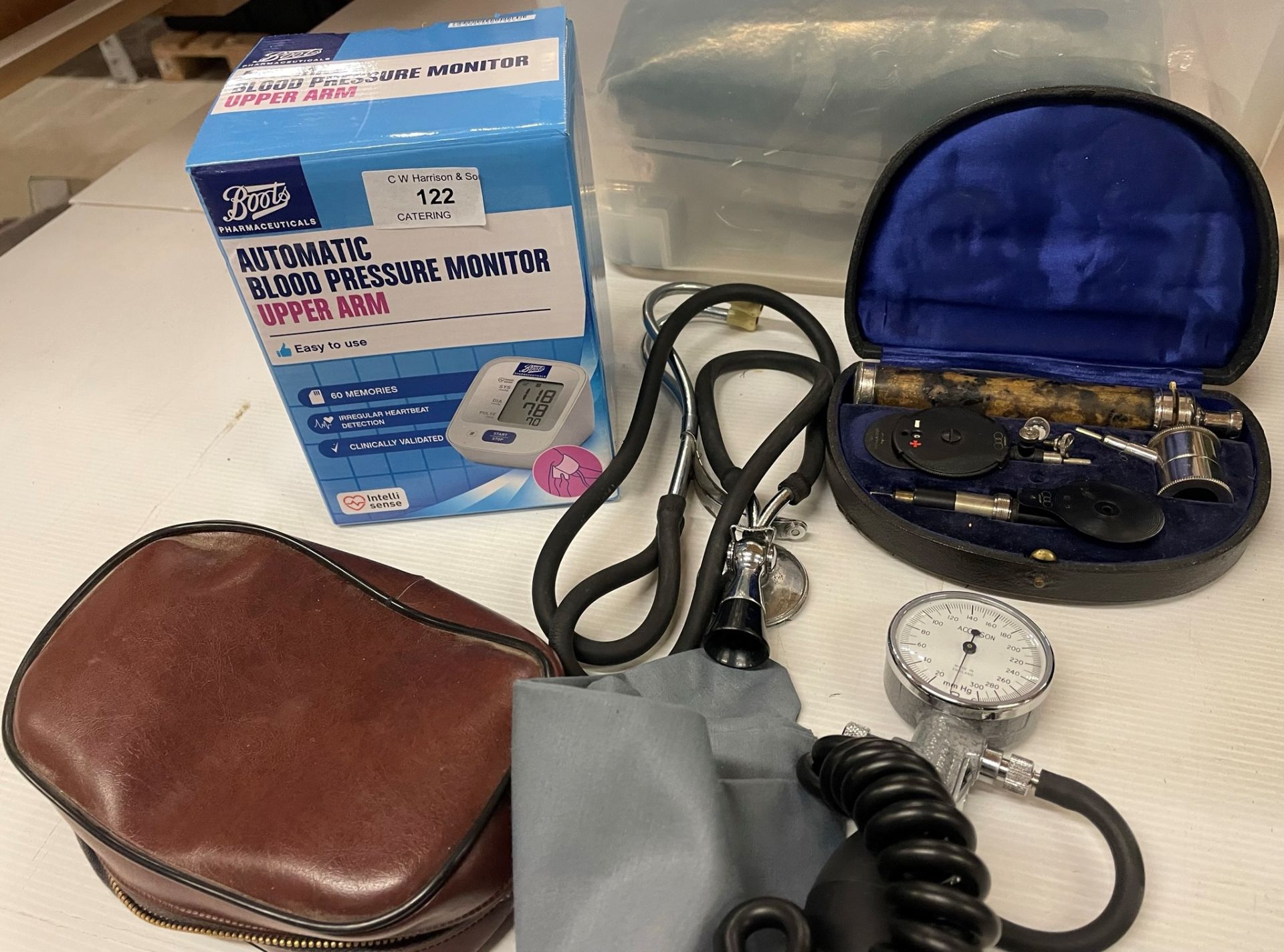 4 medical items - stethoscope, manual and electric blood pressure gauges,