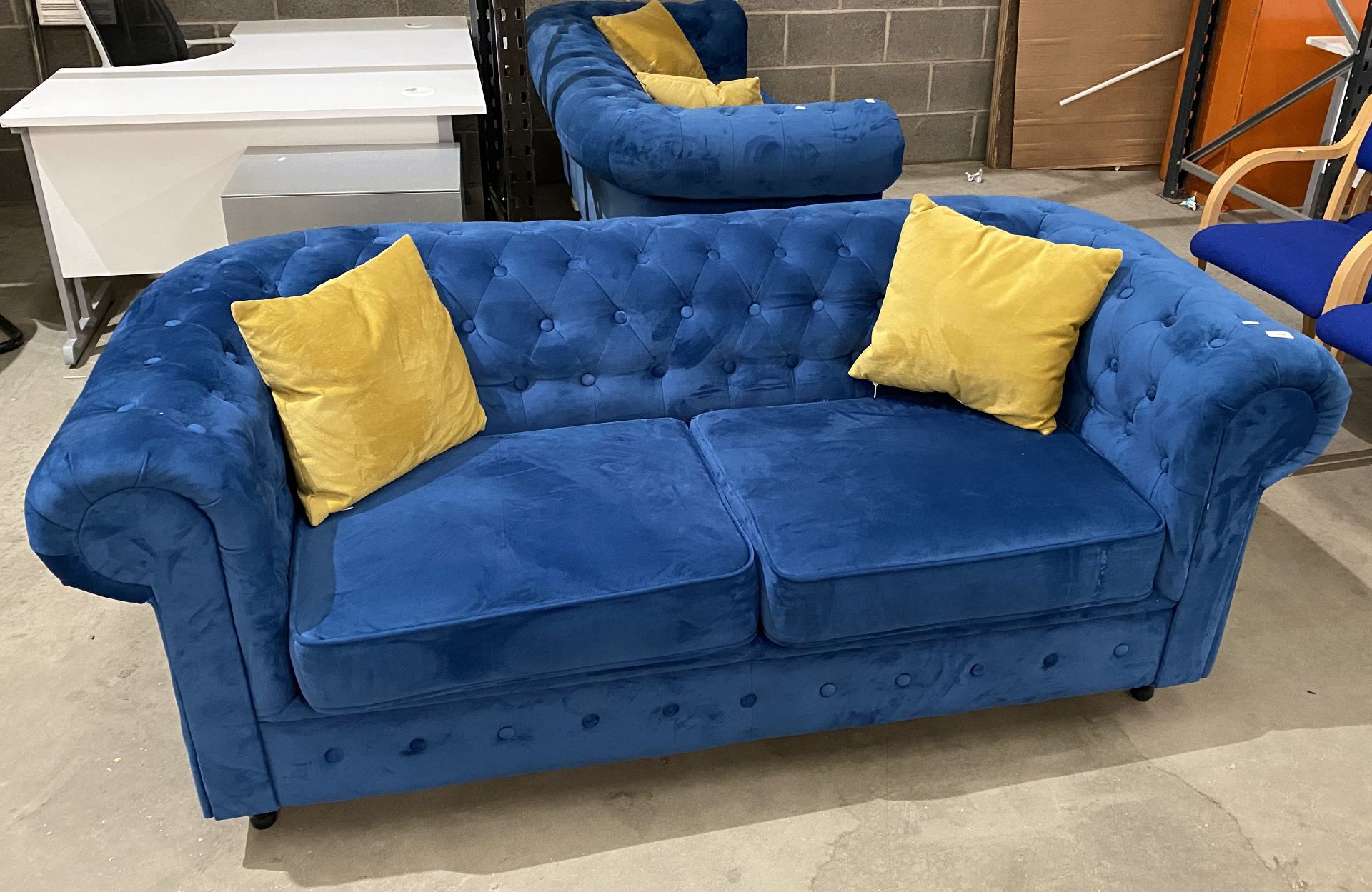 Blue upholstered button-backed Chesterfield style 2-seater sofa complete with cushions (saleroom - Image 2 of 11