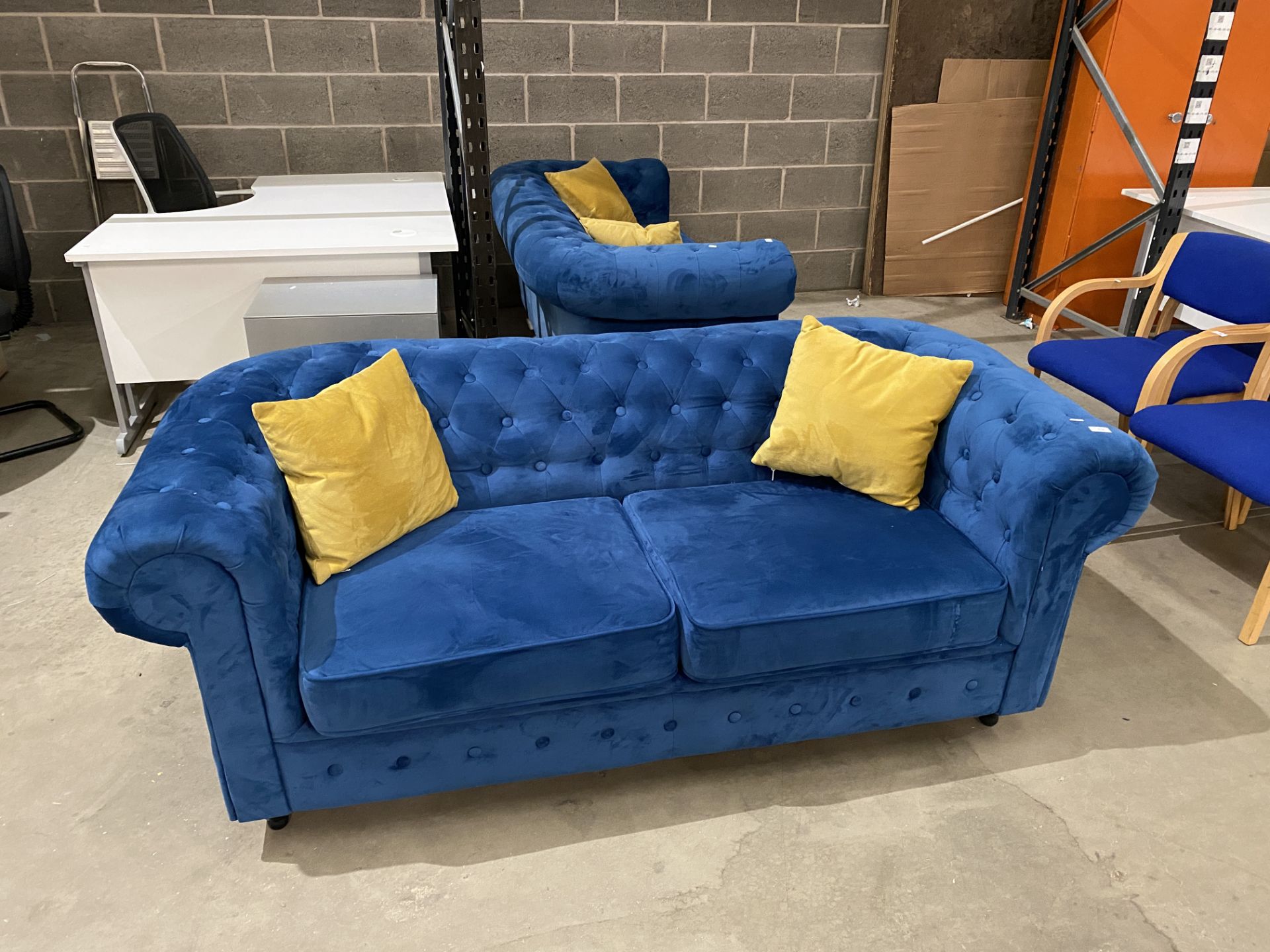 Blue upholstered button-backed Chesterfield style 2-seater sofa complete with cushions (saleroom - Image 3 of 11