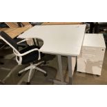 White melamine curved-front office desk (140cm x 120cm) c/w matching three-drawer pedestal and