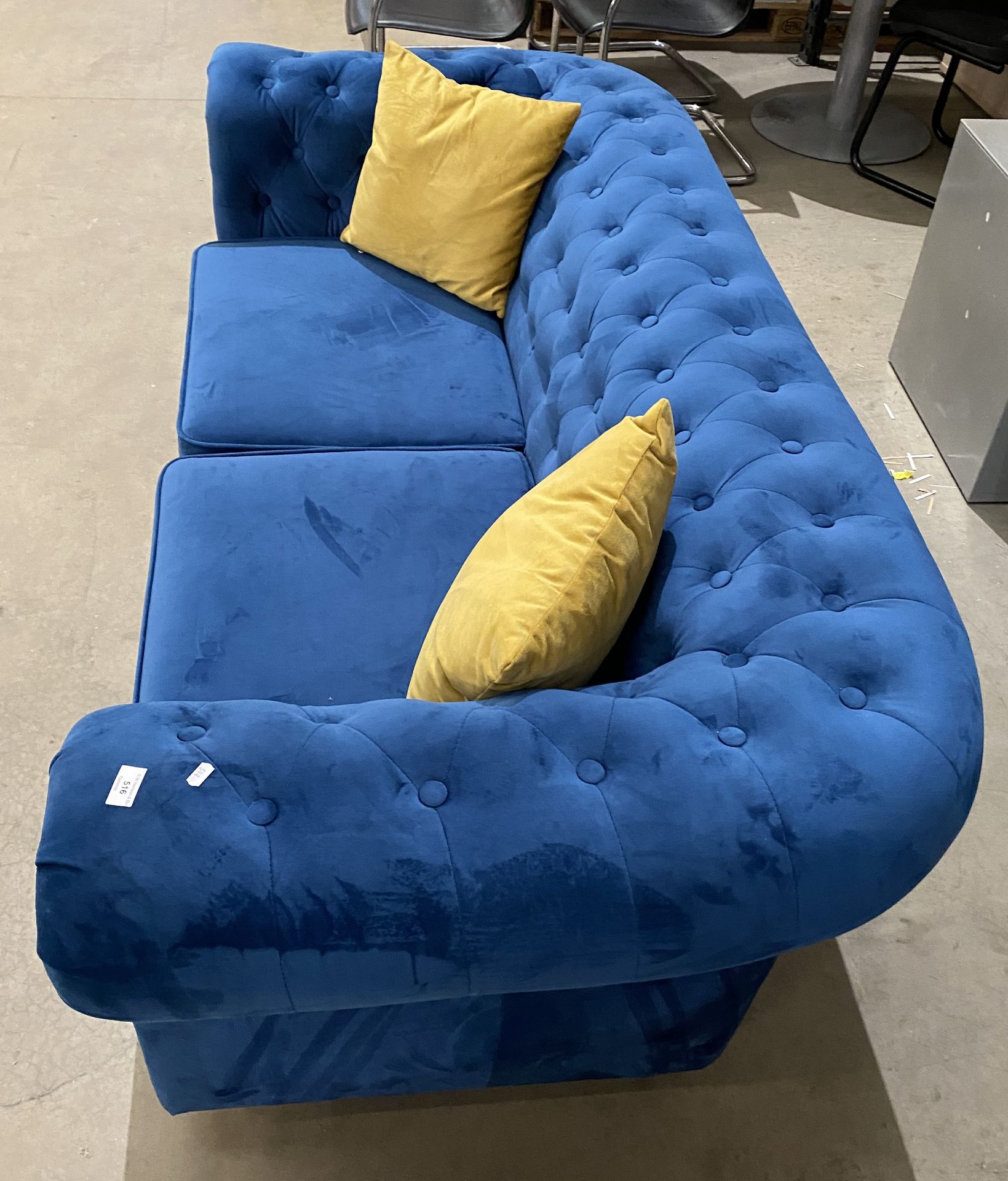 Blue upholstered button-backed Chesterfield style 2-seater sofa complete with cushions (saleroom - Image 6 of 11