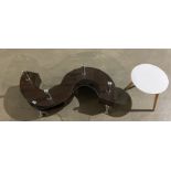 2 x items - wooden S-shaped glass-topped coffee table with two tambour front cupboards and a