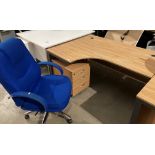 Metal-framed curved office desk c/w blue high-back swivel office armchair and three-drawer pedestal