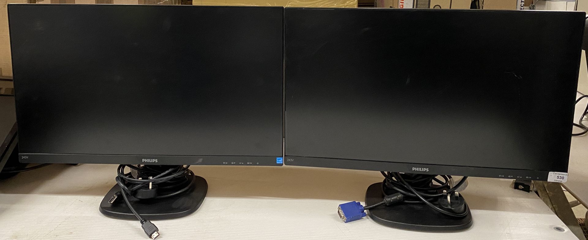 2 x 24" Philips 243V flat screen monitors on stands c/w power leads (saleroom location: M06)