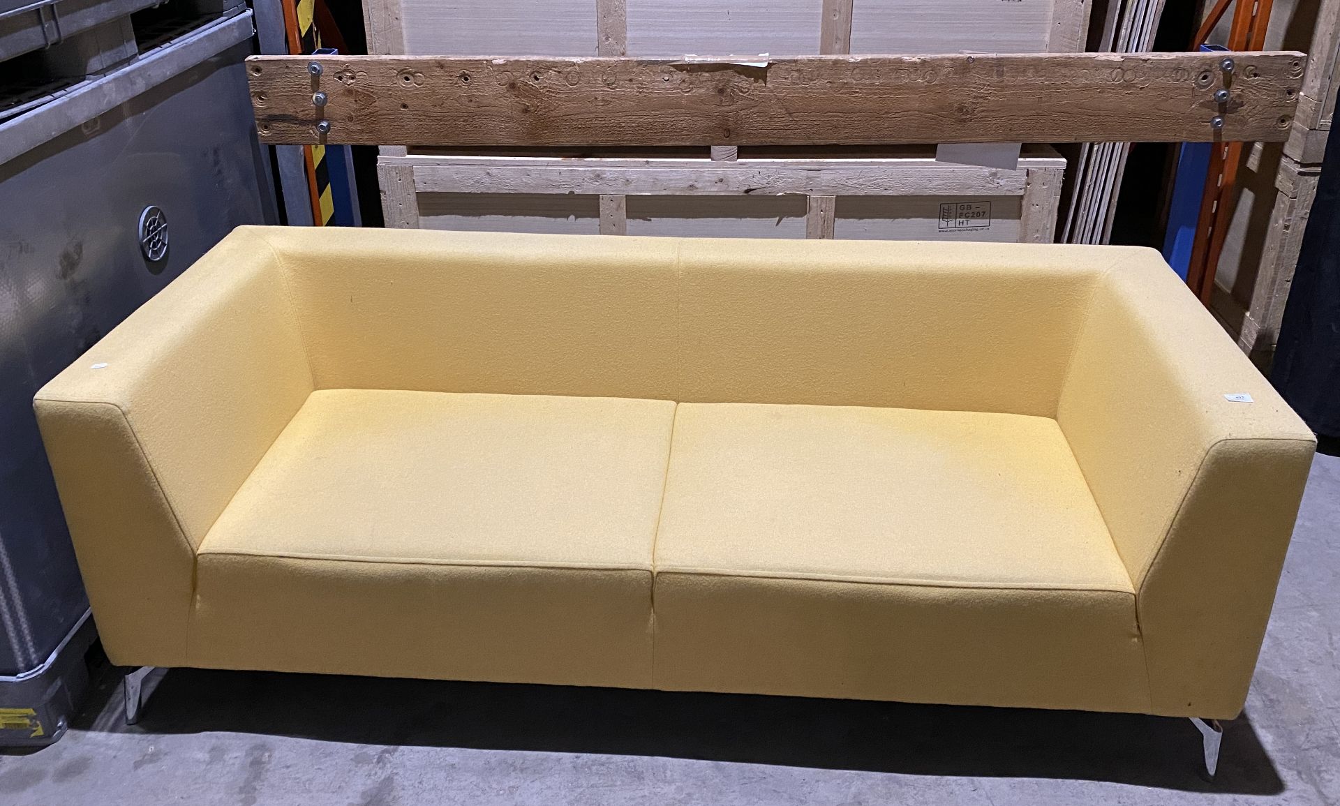Yellow upholstered low-back three-seater settee on chrome legs (saleroom location: QD10) - Image 2 of 4