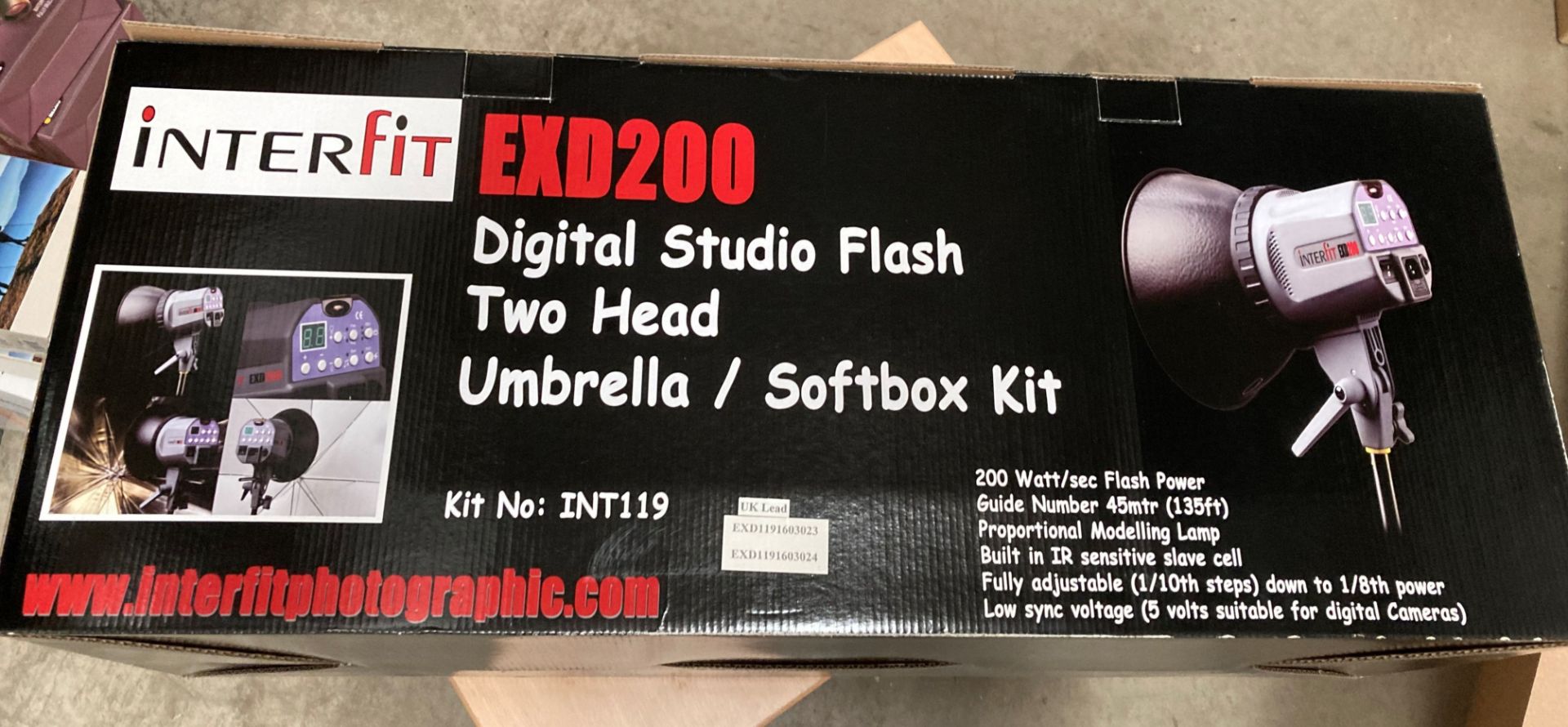 Interfit EXD200 digital studio flash two head umbrella/softbox kit (new boxed) (saleroom location: