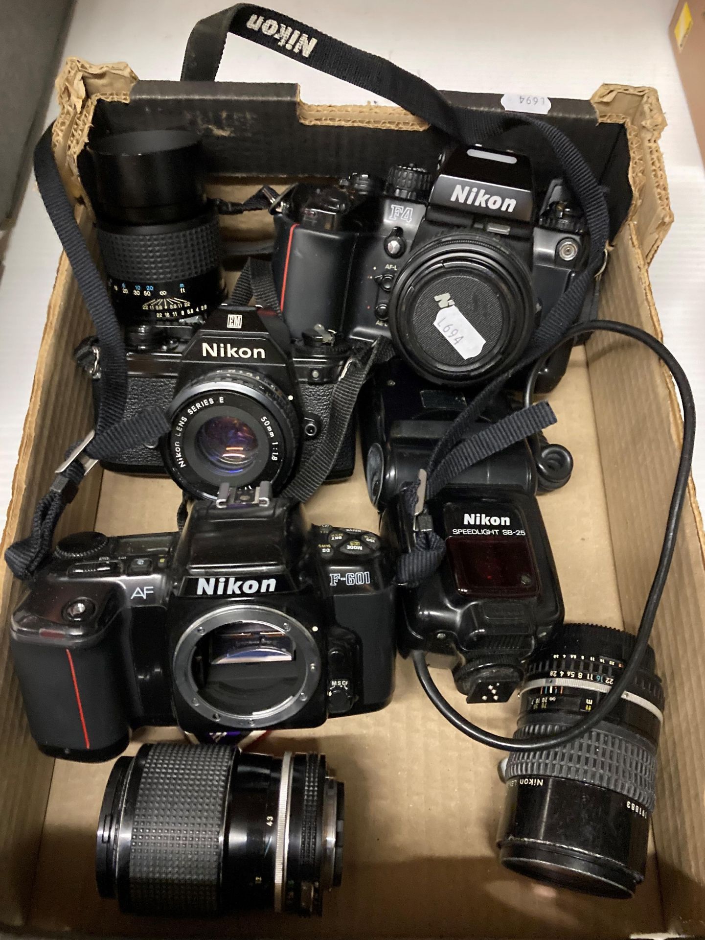 Contents to tray - 3 x assorted Nikon cameras, F4, F601, EM,