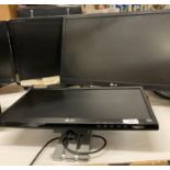 2 x LG Flatron E2242 monitors on stands and an LG LED monitor on a wall mount (no power leads) (3)