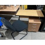 Small metal-framed office desk 100cm × 55cm c/w three-drawer pedestal and black-upholstered
