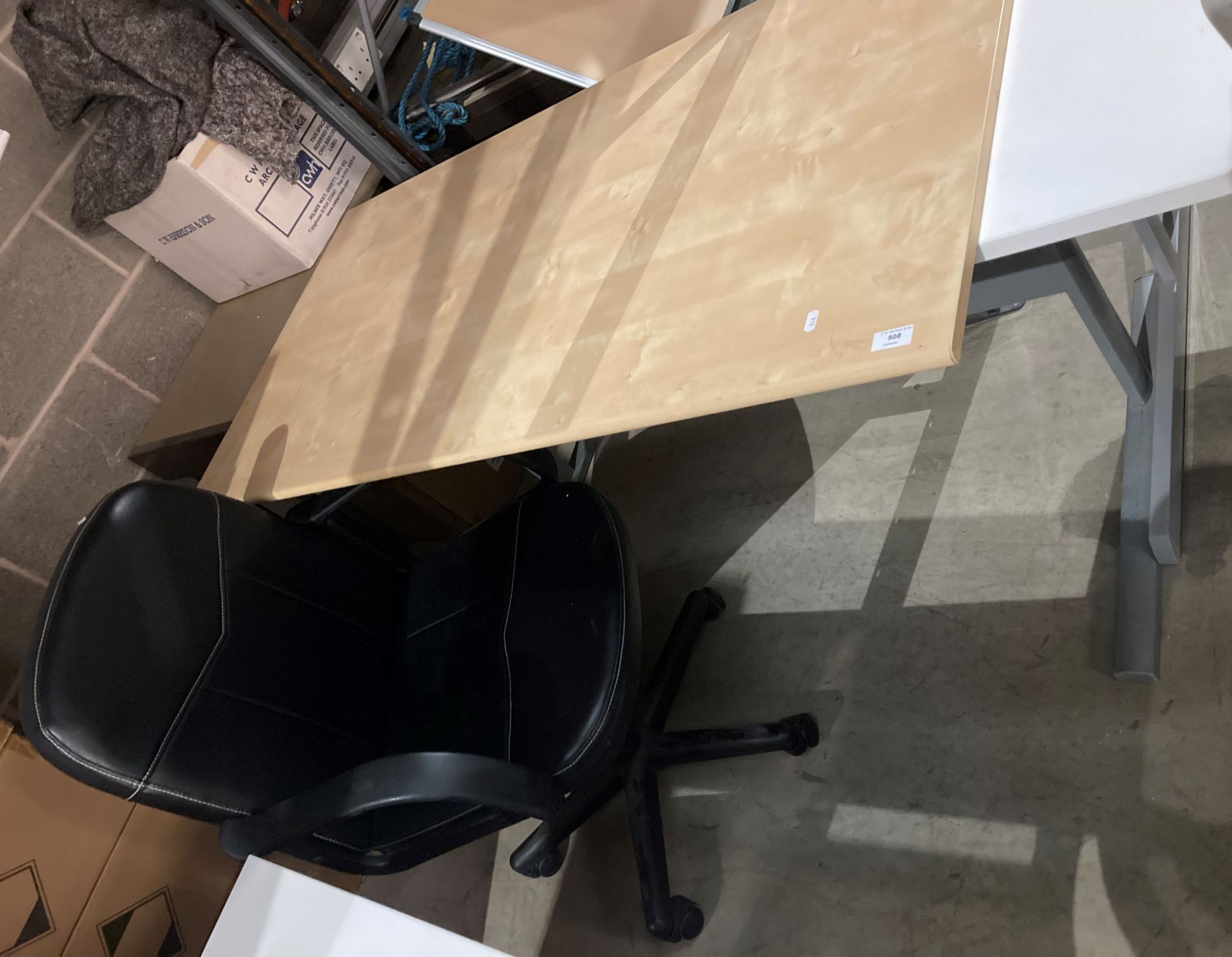 Grey framed pine-topped office desk (140cm x 73cm) c/w black leather effect swivel armchair