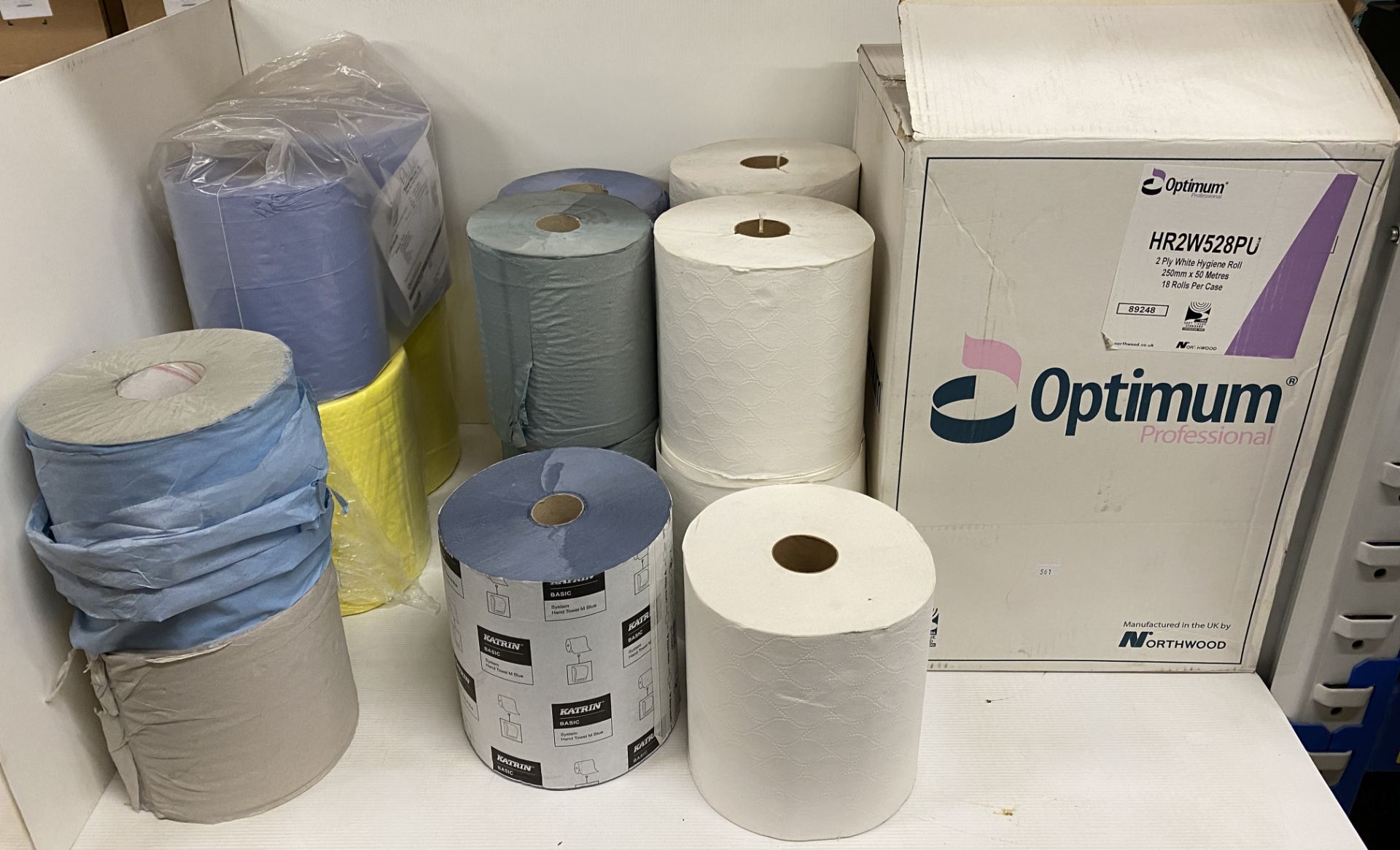 Contents to part rack - 18 rolls of Optimum 2-ply white hygiene paper rolls and 12 assorted hand