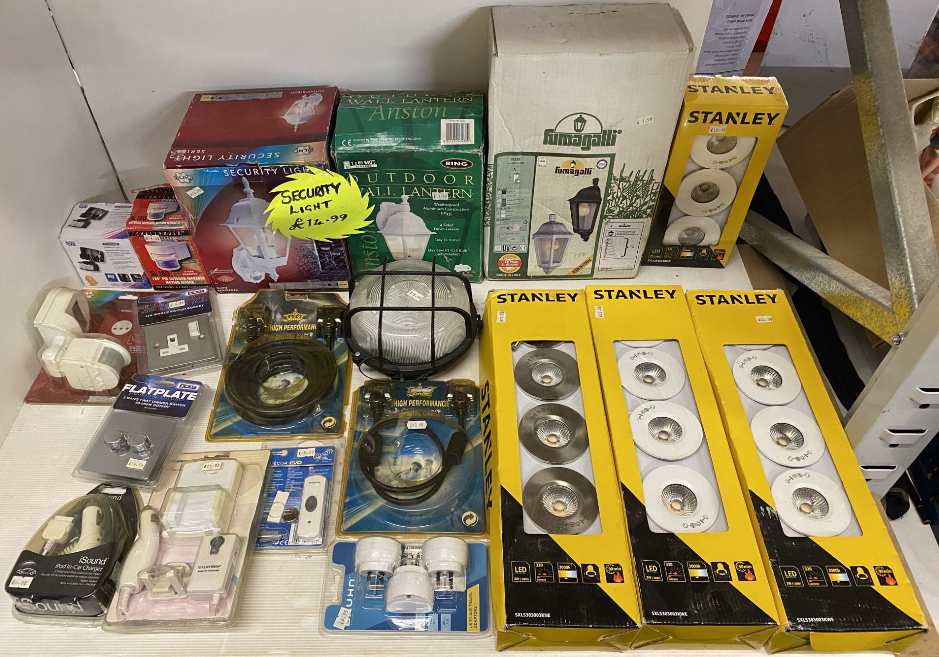 Contents to part shelf - large quantity of electric accessories - lanterns, wall lights,