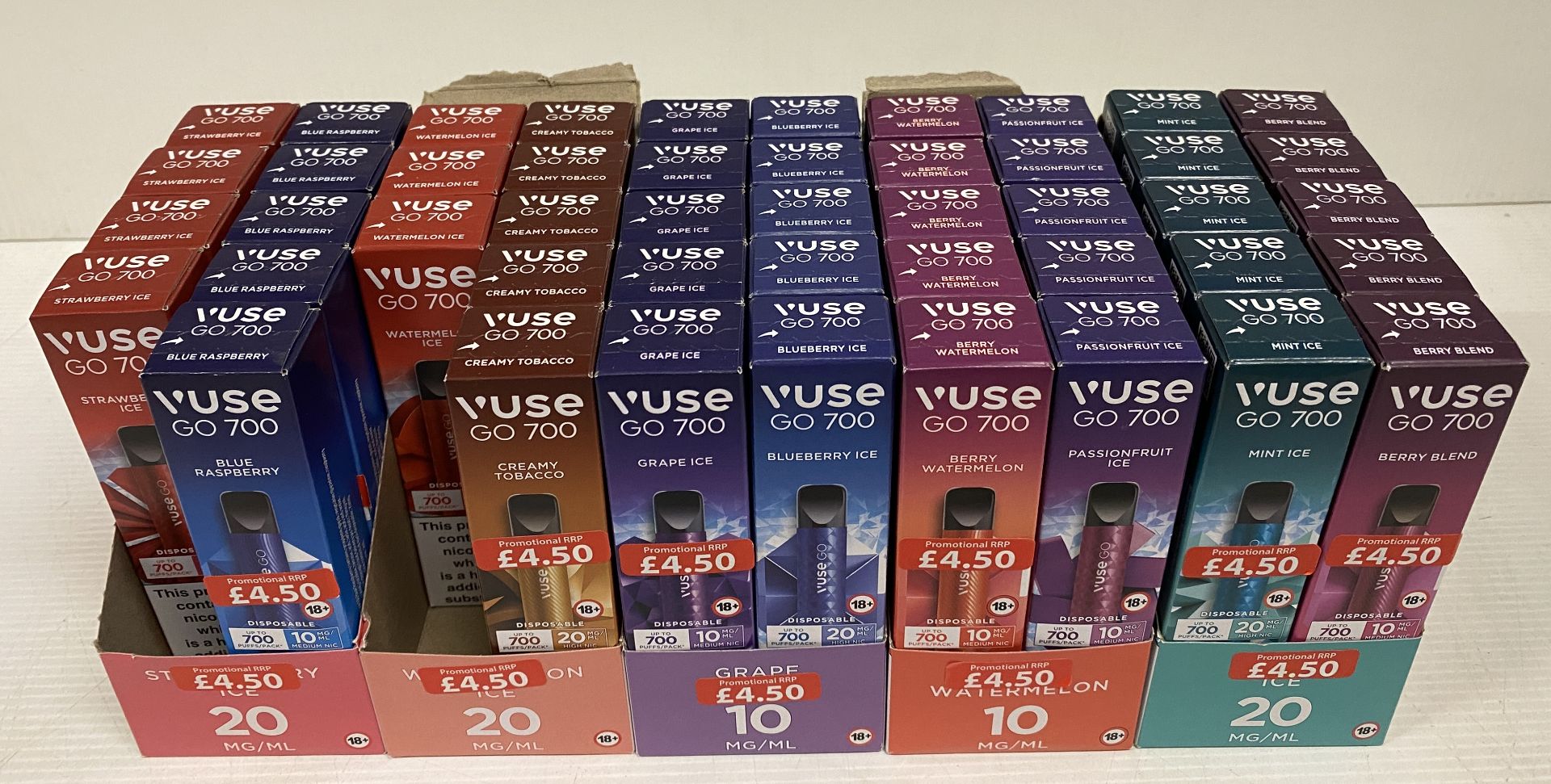 47 x packs of VUSE GO 700 - Assorted flavours and nicotine mg/ml - (Saleroom Location F07)