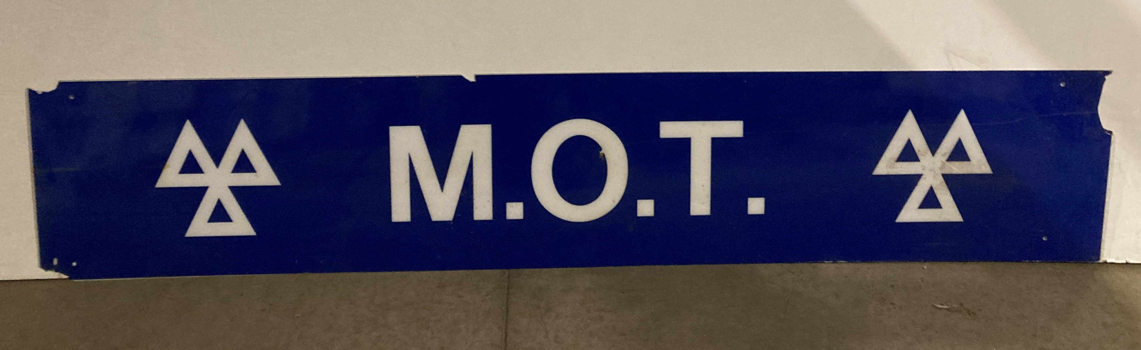 Blue and white perspex MOT sign (some damages) - approximately 180 x 34cm (saleroom location: MA1 - Image 2 of 2