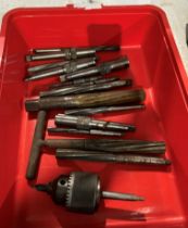 Contents to tray - 14 assorted milling bits and a Galex chuck/cap 1/8-5/8 with tapered end