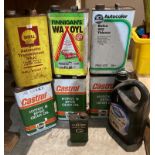 Six assorted 5L cans of Shell and Castrol motor/gear oil (some with contents) etc and a vintage