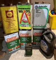 Six assorted 5L cans of Shell and Castrol motor/gear oil (some with contents) etc and a vintage