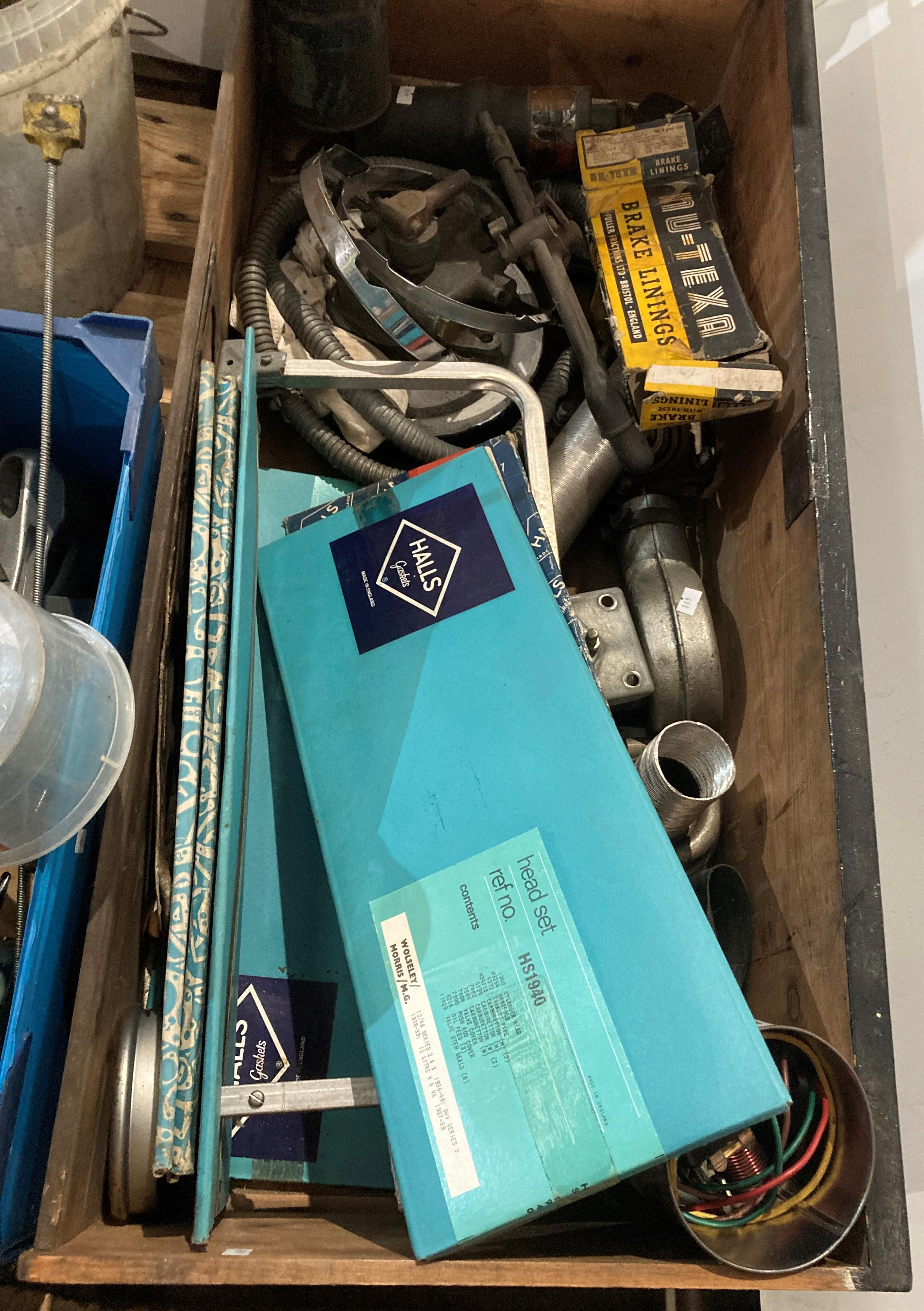 Two boxes and tub of assorted car parts and hand tools including gaskets for MG, Morris, - Image 3 of 3