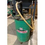 Castrol manual oil pump and barrel on a grey metal sack cart (wheels seized),