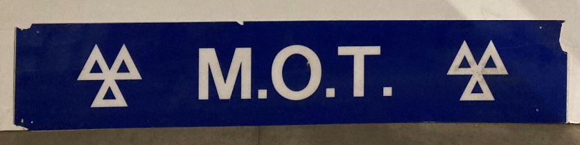 Blue and white perspex MOT sign (some damages) - approximately 180 x 34cm (saleroom location: MA1