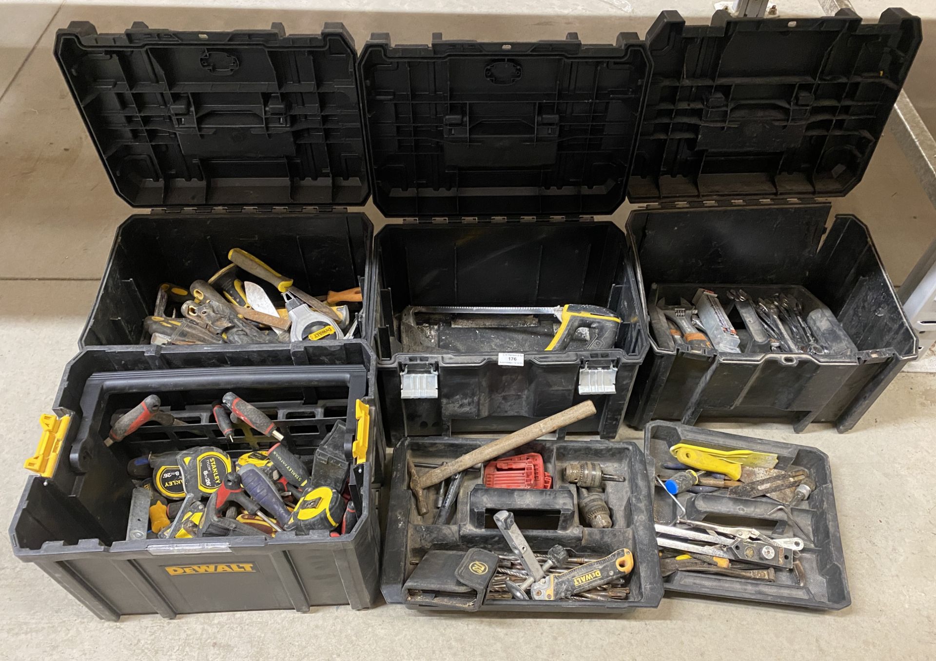 Contents to 6 x DeWalt and other storage boxes - hand tools, spanners, tape measures,