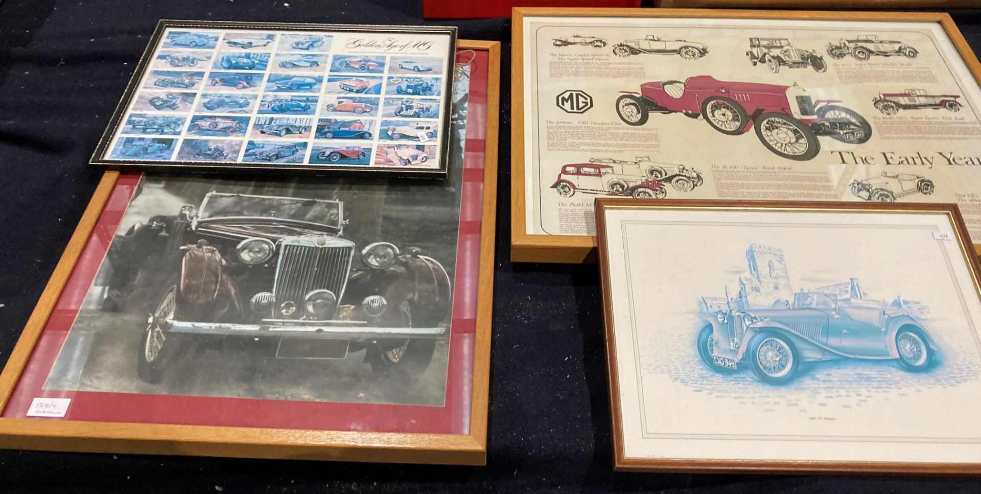 Four MG related picture in frames - 'The Early Years' (50 x 70cm), 'MG TC Midget' (33 x 43cm),