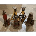 3 x assorted bottle jacks (sold as seen) and a pair of Halfords 2 ton axle stands (saleroom