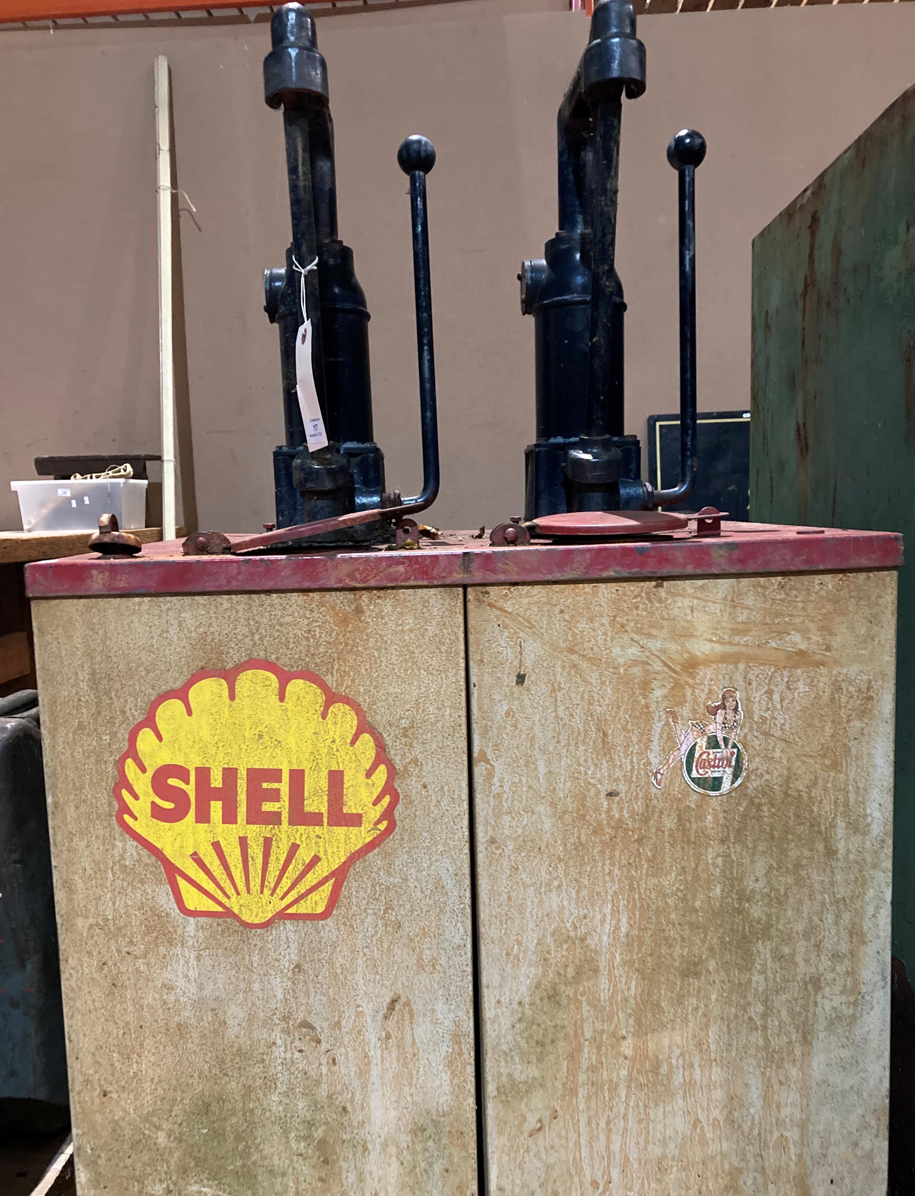A double vintage oil dispensing pump with Shell and Castrol stickers, size: 67 x 61. - Image 2 of 6