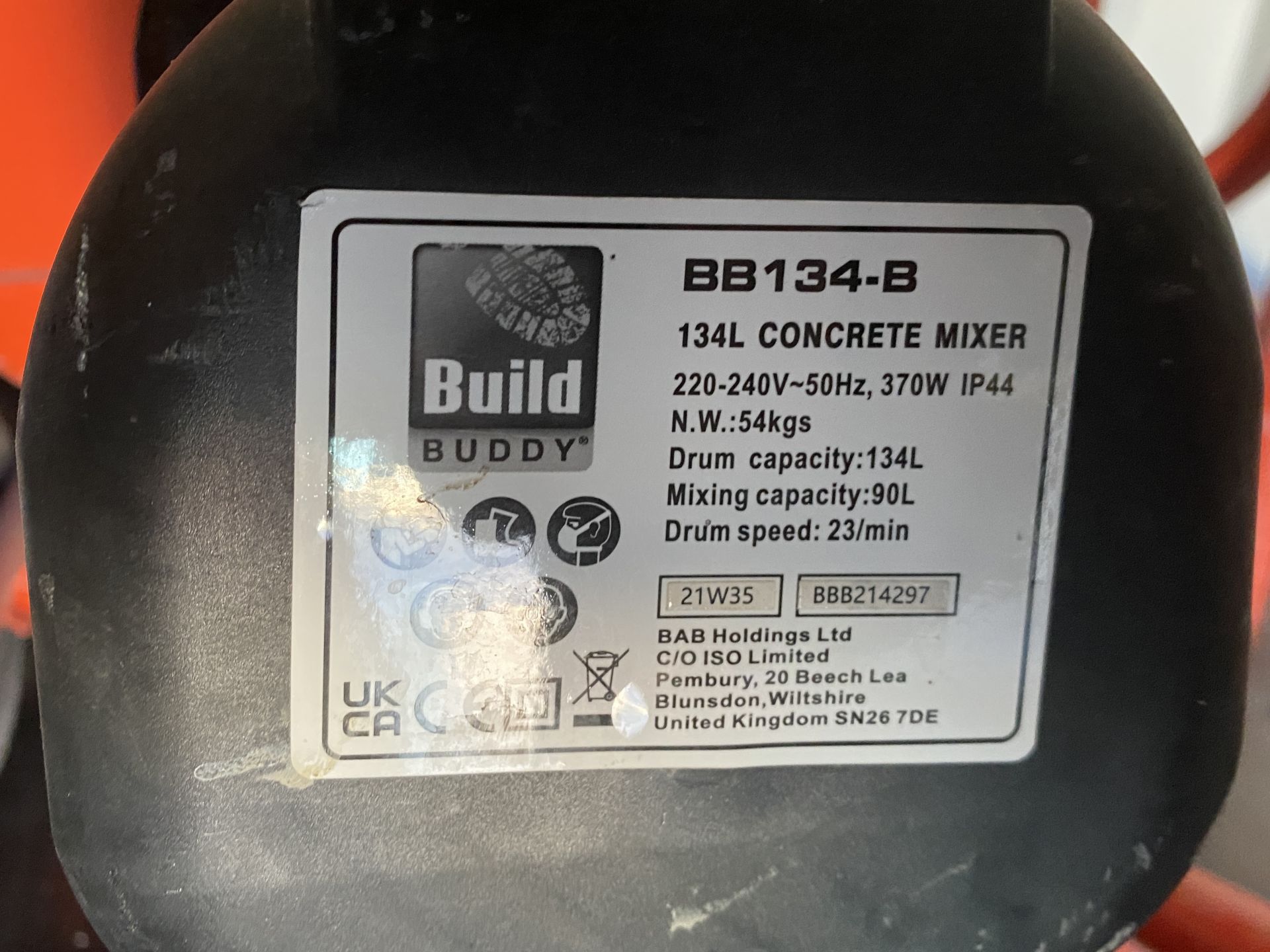 Build Buddy BB134/B 134L electric concrete mixer (240v) and stand - mixing capacity: 90L (saleroom - Image 3 of 3