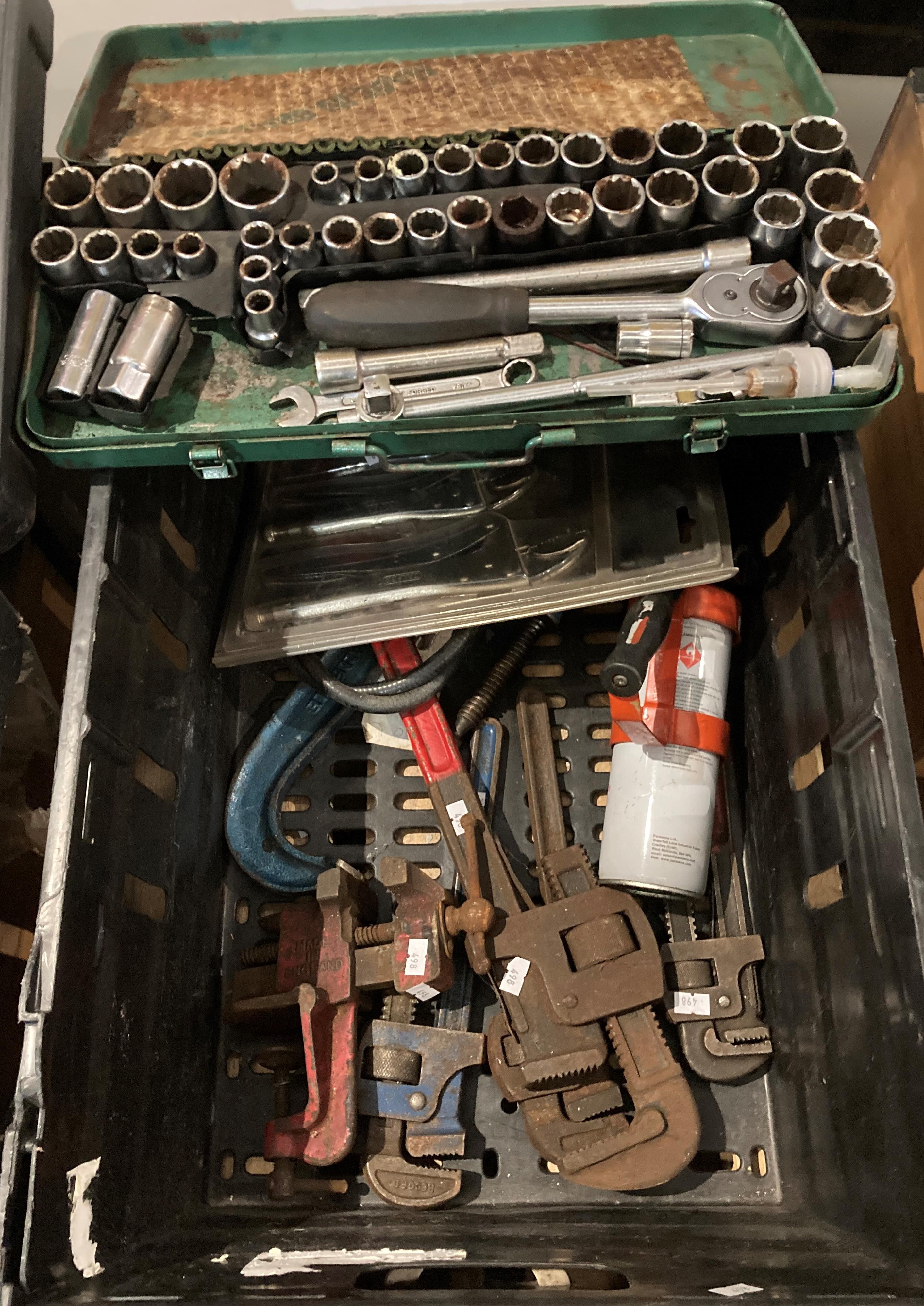 Contents to crate - four assorted wrenches, a Record IMP vice G-clamp, a Kamasa socket set, - Image 2 of 3