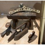 5 x items - vintage oak stool, 2 x vintage irons,