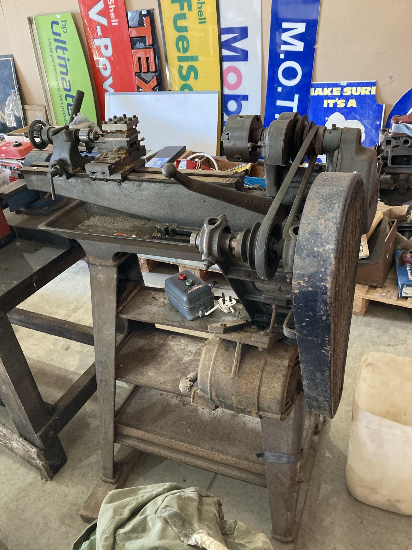Vintage 'Myford' lathe (needs complete re-wire) on cast metal stand and a box of assorted tooling - Image 8 of 8