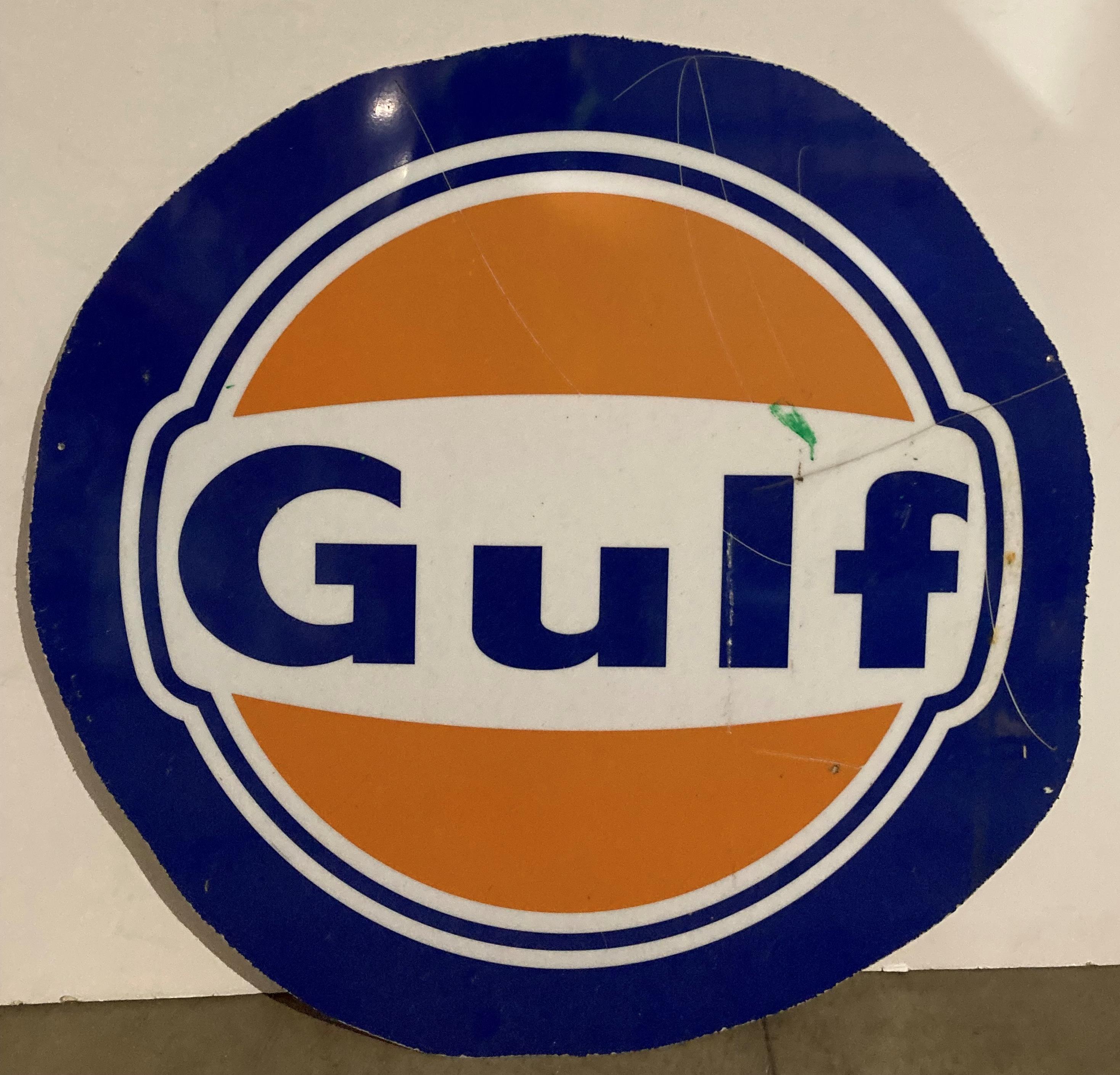 A Gulf perspex fuel sign with crack - approximate size 92cm diameter (saleroom location: MA7 wall)