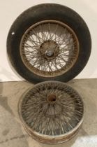 Pair of vintage MG spoke wheels, one with a used Michelin 4.75 x 5.