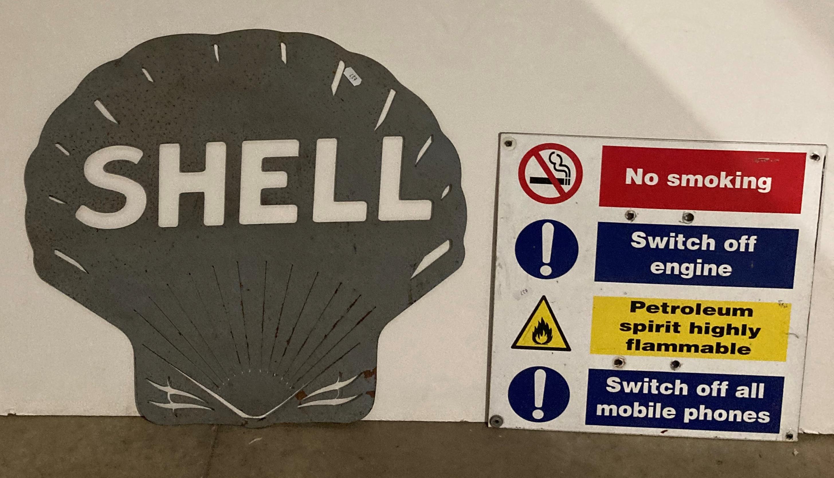 Metal fabricated 'Shell Fuel' sign (53 x 56m) and a Petrol 4 Forecourt warning sign (saleroom
