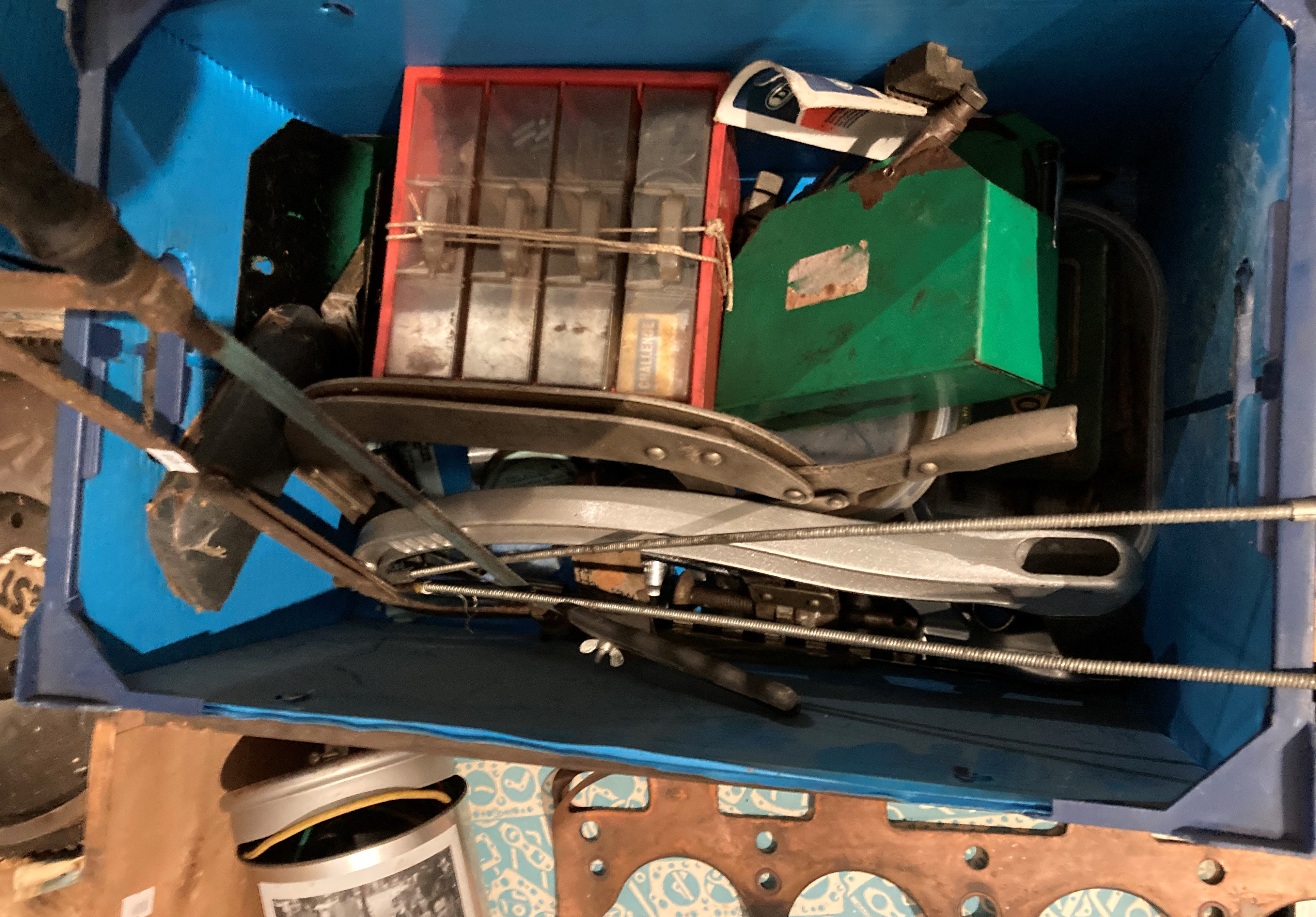 Two boxes and tub of assorted car parts and hand tools including gaskets for MG, Morris, - Image 2 of 3