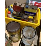 Contents to yellow tub - assorted Duckhams and Castrol oil cans (some with contents),